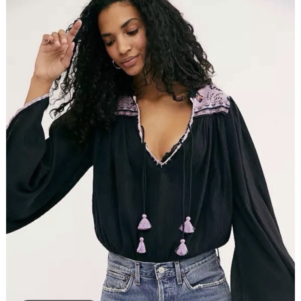 Intimately Free People Lana Embroidered Bodysuit Bell Sleeve Boho Womens Size XS